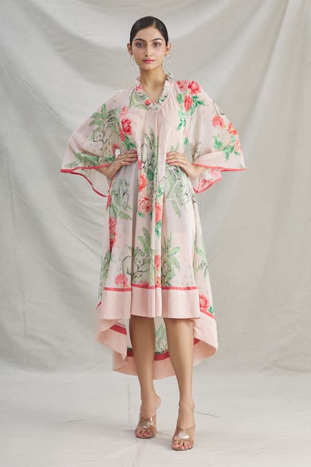 Parul | Vivek_Pink Crepe Printed Tropical V Neck Floral High Low Tunic  _Online_at_Aza_Fashions