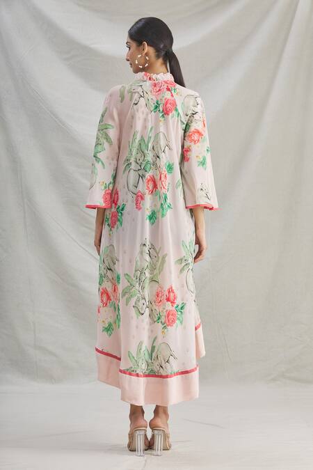 Shop_Parul | Vivek_Pink Crepe Printed Tropical V Neck Floral High Low Tunic  _at_Aza_Fashions