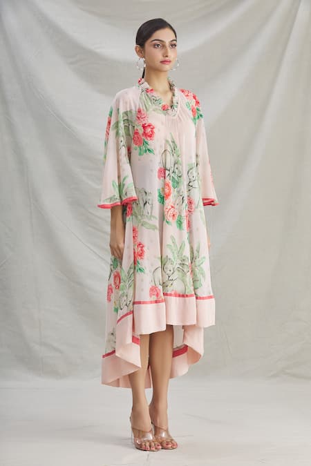 Buy_Parul | Vivek_Pink Crepe Printed Tropical V Neck Floral High Low Tunic  _Online_at_Aza_Fashions