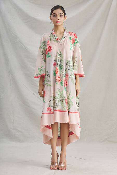 Shop_Parul | Vivek_Pink Crepe Printed Tropical V Neck Floral High Low Tunic  _Online_at_Aza_Fashions