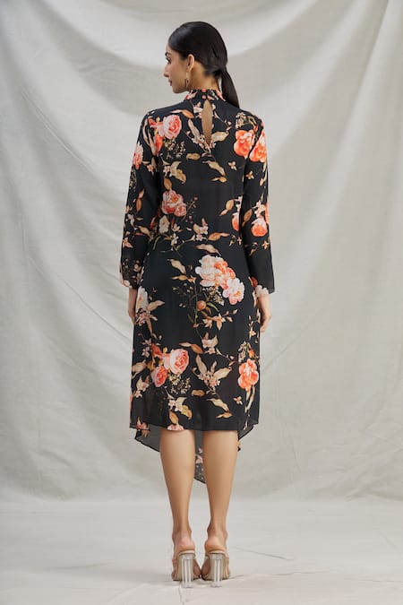 Shop_Parul | Vivek_Black Crepe Floral Band Collar Print Asymmetric Dress _at_Aza_Fashions