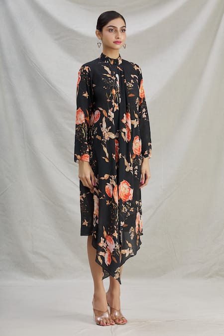 Parul | Vivek_Black Crepe Floral Band Collar Print Asymmetric Dress _Online_at_Aza_Fashions