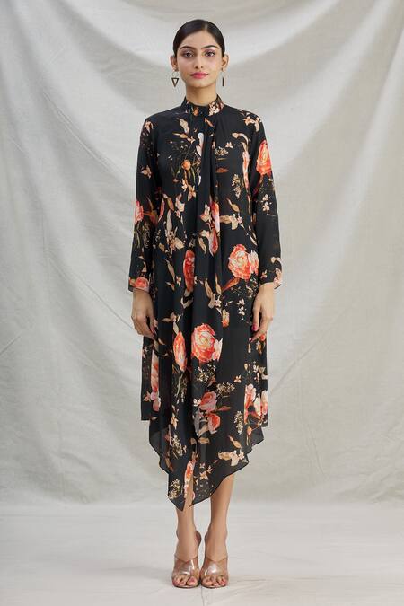 Shop_Parul | Vivek_Black Crepe Floral Band Collar Print Asymmetric Dress _Online_at_Aza_Fashions