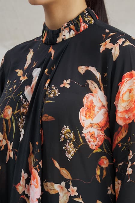 Parul | Vivek_Black Crepe Floral Band Collar Print Asymmetric Dress _at_Aza_Fashions