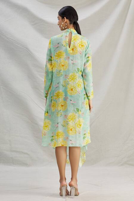 Shop_Parul | Vivek_Green Crepe Floral Band Collar Print Asymmetric Dress _at_Aza_Fashions