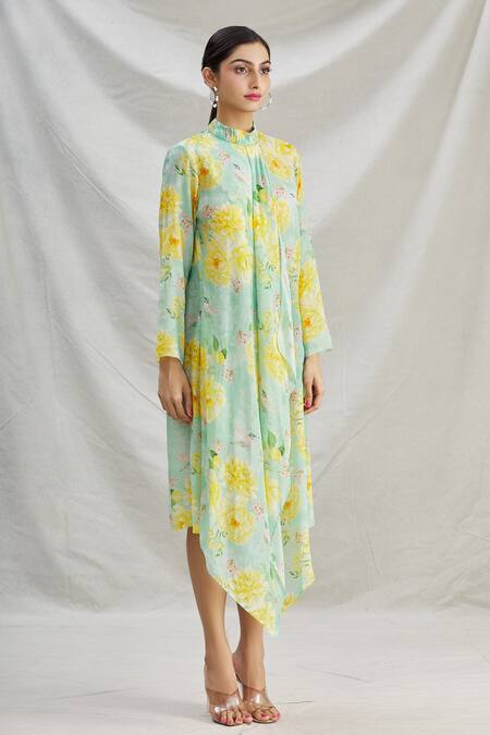 Parul | Vivek_Green Crepe Floral Band Collar Print Asymmetric Dress _Online_at_Aza_Fashions