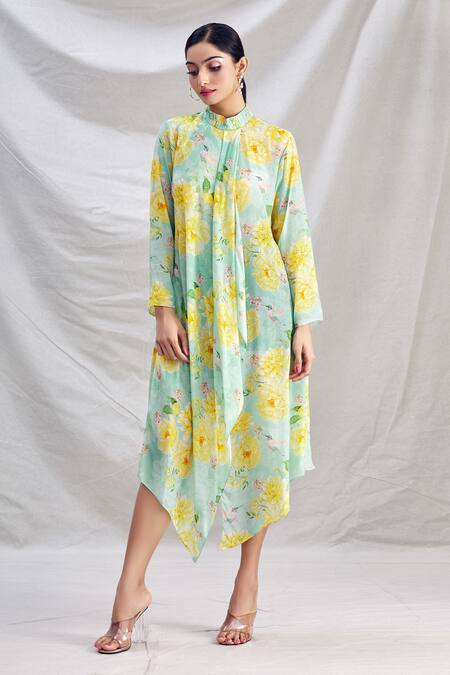 Buy_Parul | Vivek_Green Crepe Floral Band Collar Print Asymmetric Dress _Online_at_Aza_Fashions