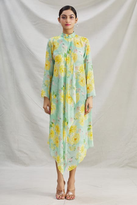 Shop_Parul | Vivek_Green Crepe Floral Band Collar Print Asymmetric Dress _Online_at_Aza_Fashions