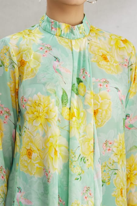 Parul | Vivek_Green Crepe Floral Band Collar Print Asymmetric Dress _at_Aza_Fashions
