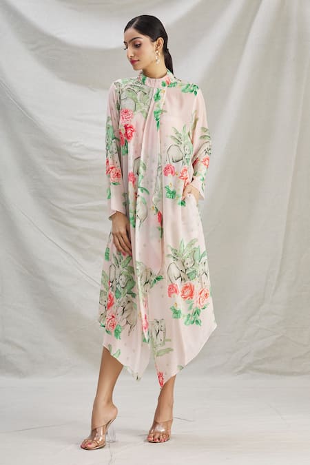 Parul | Vivek Pink Crepe Printed Tropical Band Collar Asymmetric Dress  