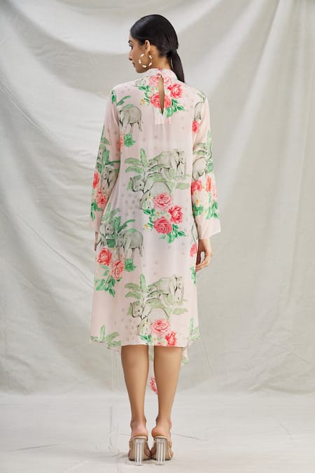 Shop_Parul | Vivek_Pink Crepe Tropical Band Collar Print Asymmetric Dress _at_Aza_Fashions