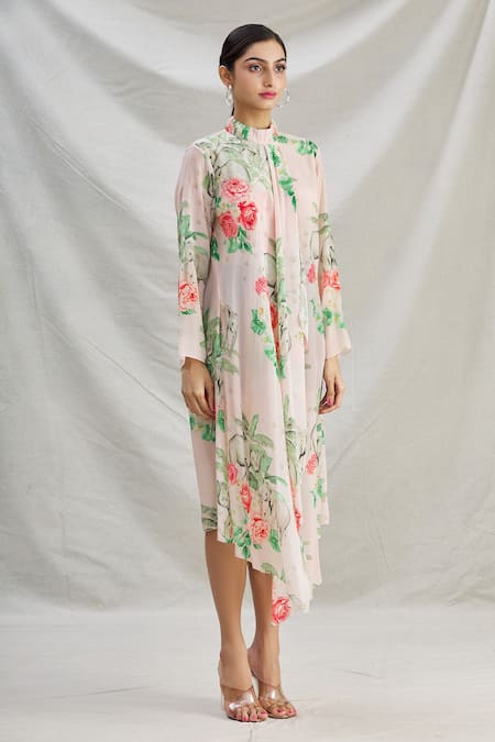 Parul | Vivek_Pink Crepe Tropical Band Collar Print Asymmetric Dress _Online_at_Aza_Fashions