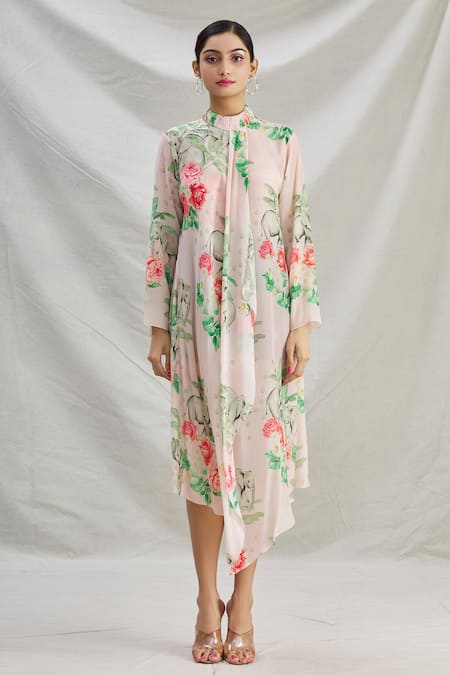 Buy_Parul | Vivek_Pink Crepe Tropical Band Collar Print Asymmetric Dress _Online_at_Aza_Fashions