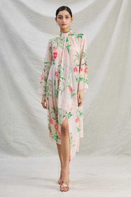 Shop_Parul | Vivek_Pink Crepe Tropical Band Collar Print Asymmetric Dress _Online_at_Aza_Fashions