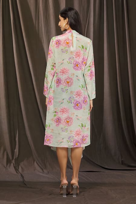 Shop_Parul | Vivek_Green Crepe Floral Band Collar Print Draped Dress _at_Aza_Fashions