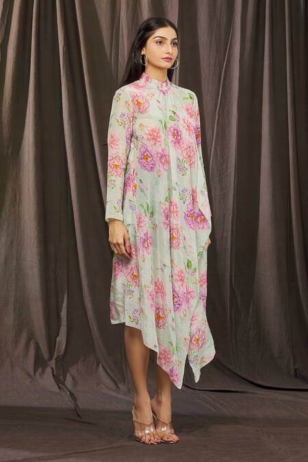 Buy_Parul | Vivek_Green Crepe Floral Band Collar Print Draped Dress _Online_at_Aza_Fashions