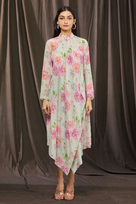 Shop_Parul | Vivek_Green Crepe Floral Band Collar Print Draped Dress _Online_at_Aza_Fashions