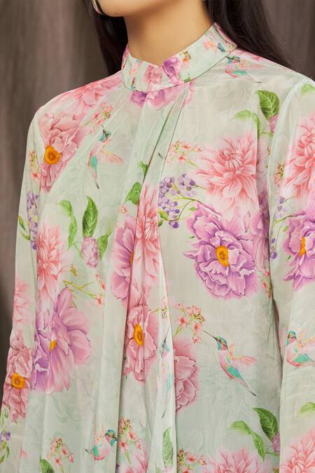 Parul | Vivek_Green Crepe Floral Band Collar Print Draped Dress _at_Aza_Fashions