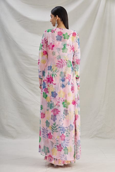 Shop Show Shaa Peach Georgette Floral Motifs Sweetheart Neck Lara Printed Anarkali And Jacket at Aza Fashions Shop_Show Shaa_Peach Georgette Floral Motifs Sweetheart Neck Lara Printed Anarkali And Jacket _at_Aza_Fashions