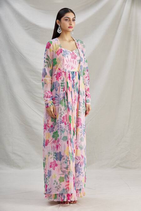 Show Shaa Peach Georgette Floral Motifs Sweetheart Neck Lara Printed Anarkali And Jacket Online at Aza Fashions Show Shaa_Peach Georgette Floral Motifs Sweetheart Neck Lara Printed Anarkali And Jacket _Online_at_Aza_Fashions