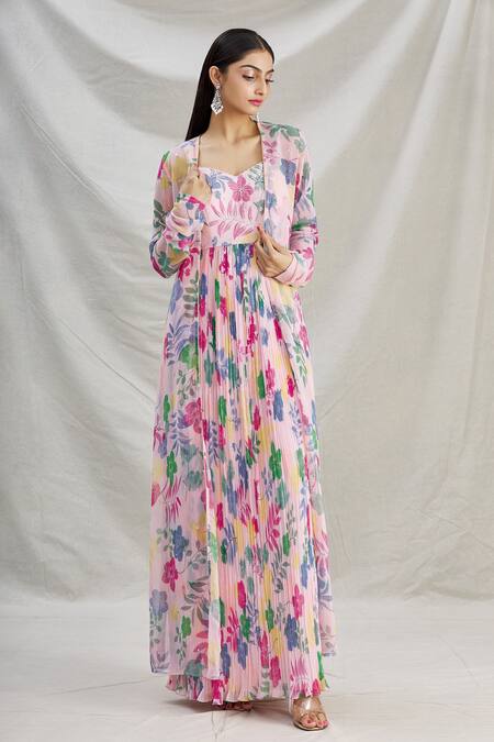 Shop Show Shaa Peach Georgette Floral Motifs Sweetheart Neck Lara Printed Anarkali And Jacket Online at Aza Fashions Shop_Show Shaa_Peach Georgette Floral Motifs Sweetheart Neck Lara Printed Anarkali And Jacket _Online_at_Aza_Fashions