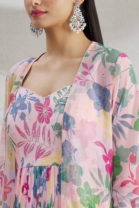 Show Shaa Peach Georgette Floral Motifs Sweetheart Neck Lara Printed Anarkali And Jacket at Aza Fashions Show Shaa_Peach Georgette Floral Motifs Sweetheart Neck Lara Printed Anarkali And Jacket _at_Aza_Fashions