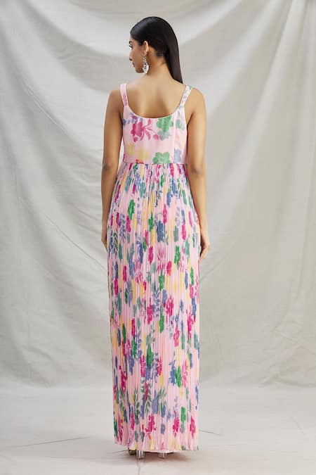 Shop_Show Shaa_Peach Georgette Floral Motifs Sweetheart Neck Lara Print Anarkali _at_Aza_Fashions