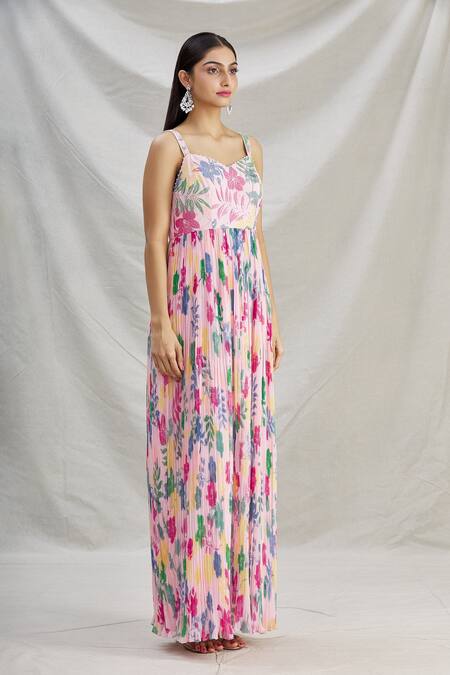 Show Shaa_Peach Georgette Floral Motifs Sweetheart Neck Lara Print Anarkali _Online_at_Aza_Fashions