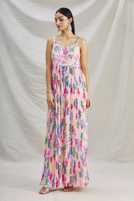 Buy_Show Shaa_Peach Georgette Floral Motifs Sweetheart Neck Lara Print Anarkali _Online_at_Aza_Fashions