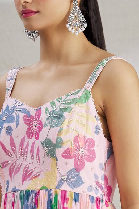 Show Shaa_Peach Georgette Floral Motifs Sweetheart Neck Lara Print Anarkali _at_Aza_Fashions