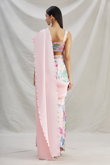 Shop Show Shaa Pink Silk, Pleated Satin Floral Motifs Printed Pre-draped Saree With Blouse at Aza Fashions Shop_Show Shaa_Pink Silk, Pleated Satin Floral Motifs Printed Pre-draped Saree With Blouse _at_Aza_Fashions