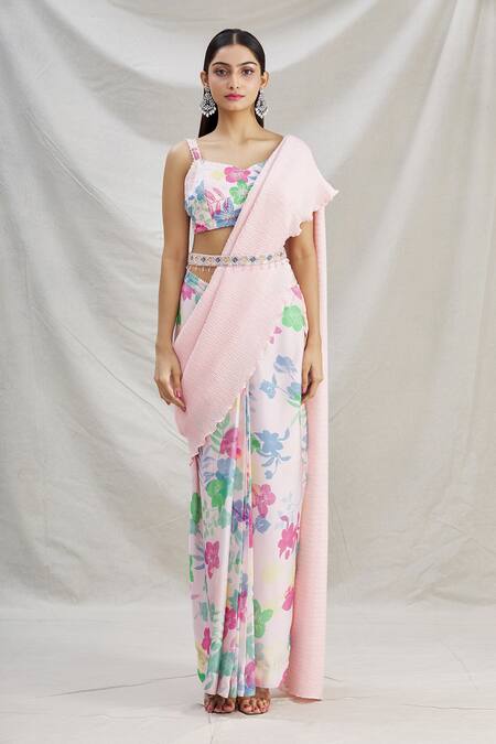 Show Shaa Pink Silk, Pleated Satin Floral Motifs Printed Pre-draped Saree With Blouse Online at Aza Fashions Show Shaa_Pink Silk, Pleated Satin Floral Motifs Printed Pre-draped Saree With Blouse _Online_at_Aza_Fashions