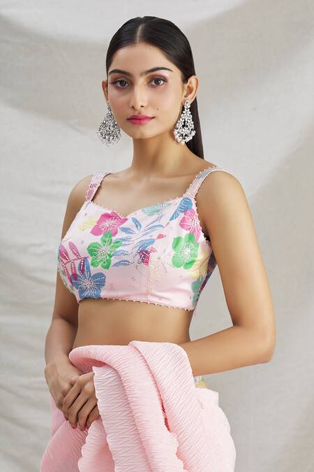 Shop Show Shaa Pink Silk, Pleated Satin Floral Motifs Printed Pre-draped Saree With Blouse Online at Aza Fashions Shop_Show Shaa_Pink Silk, Pleated Satin Floral Motifs Printed Pre-draped Saree With Blouse _Online_at_Aza_Fashions