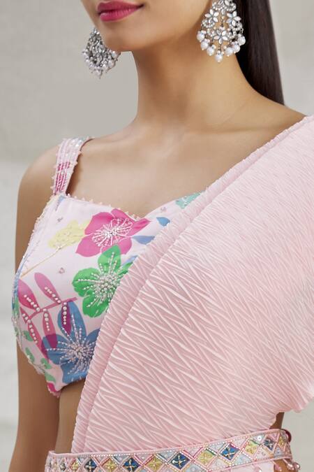Show Shaa Pink Silk, Pleated Satin Floral Motifs Printed Pre-draped Saree With Blouse at Aza Fashions Show Shaa_Pink Silk, Pleated Satin Floral Motifs Printed Pre-draped Saree With Blouse _at_Aza_Fashions