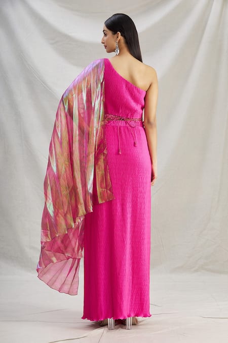 Shop Show Shaa Pink Organza, Pleated Satin One Shoulder Holly Pre-draped Saree And Blouse at Aza Fashions Shop_Show Shaa_Pink Organza, Pleated Satin One Shoulder Holly Pre-draped Saree And Blouse _at_Aza_Fashions