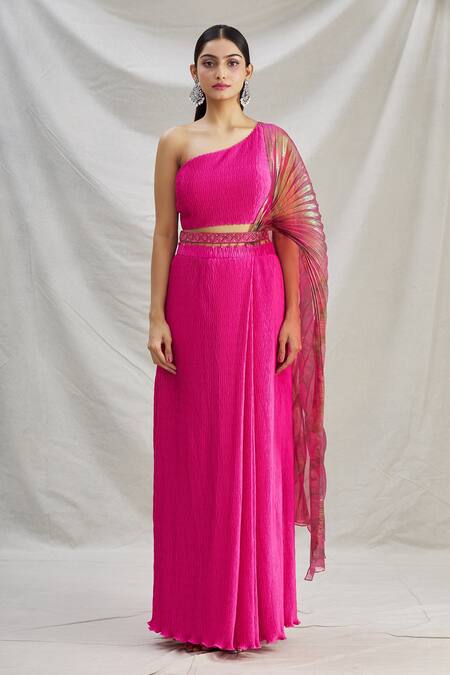 Show Shaa Pink Organza, Pleated Satin One Shoulder Holly Pre-draped Saree And Blouse Online at Aza Fashions Show Shaa_Pink Organza, Pleated Satin One Shoulder Holly Pre-draped Saree And Blouse _Online_at_Aza_Fashions