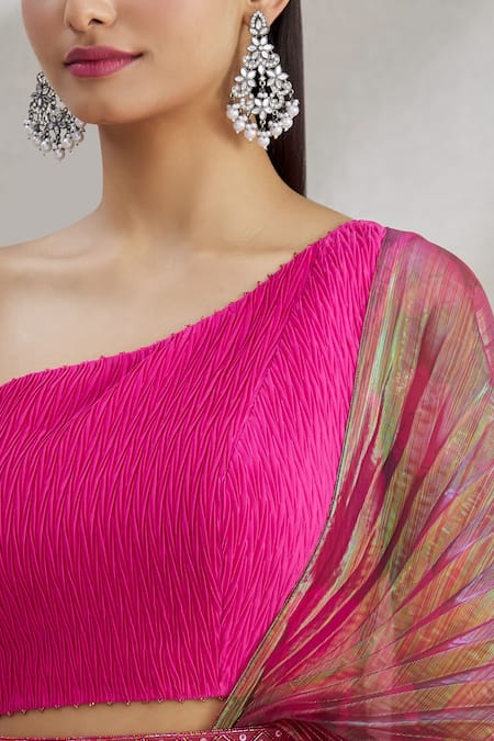 Show Shaa Pink Organza, Pleated Satin One Shoulder Holly Pre-draped Saree And Blouse at Aza Fashions Show Shaa_Pink Organza, Pleated Satin One Shoulder Holly Pre-draped Saree And Blouse _at_Aza_Fashions