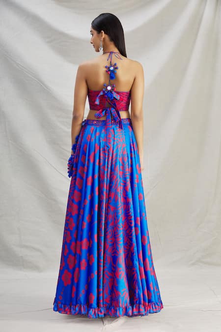 Shop Show Shaa Blue Silk, Pleated Satin Leaf Motifs Halter Neck Phoebe Printed Lehenga Set at Aza Fashions Shop_Show Shaa_Blue Silk, Pleated Satin Leaf Motifs Halter Neck Phoebe Printed Lehenga Set _at_Aza_Fashions