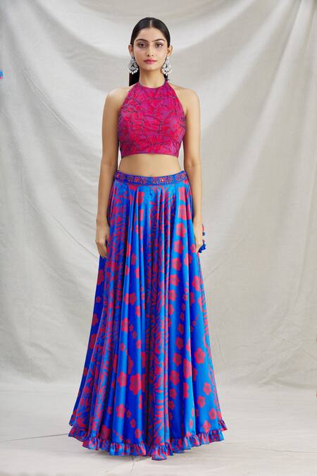 Show Shaa Blue Silk, Pleated Satin Leaf Motifs Halter Neck Phoebe Printed Lehenga Set Online at Aza Fashions Show Shaa_Blue Silk, Pleated Satin Leaf Motifs Halter Neck Phoebe Printed Lehenga Set _Online_at_Aza_Fashions