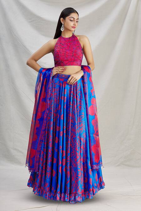 Buy Show Shaa Blue Silk, Pleated Satin Leaf Motifs Halter Neck Phoebe Printed Lehenga Set Online at Aza Fashions Buy_Show Shaa_Blue Silk, Pleated Satin Leaf Motifs Halter Neck Phoebe Printed Lehenga Set _Online_at_Aza_Fashions