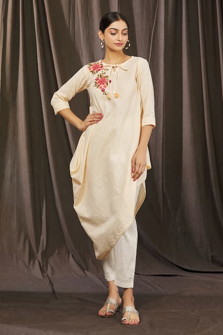 Samyukta Singhania Yellow Cotton Embroidered Striped Round Draped Kurta And Pant Set 