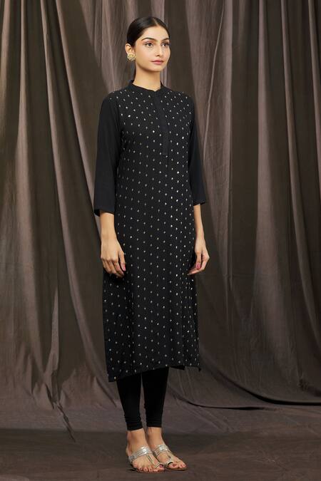 Samyukta Singhania_Black Rayon Sequins Mandarin Collar Embroidered Kurta Set_Online_at_Aza_Fashions