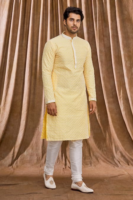 Shop Arihant Rai Sinha Yellow Silk, Cotton Embroidery Lucknowi Kurta Set Online at Aza Fashions Shop_Arihant Rai Sinha_Yellow Silk, Cotton Embroidery Lucknowi Kurta Set _Online_at_Aza_Fashions