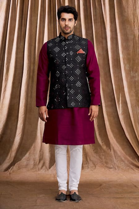 Shop_Aham-Vayam_Black Cotton Silk Mirrorwork Embellished Bundi _at_Aza_Fashions