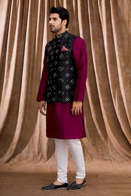 Aham-Vayam_Black Cotton Silk Mirrorwork Embellished Bundi _Online_at_Aza_Fashions