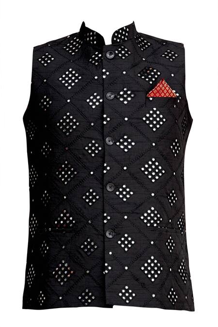 Buy_Aham-Vayam_Black Cotton Silk Mirrorwork Embellished Bundi _Online_at_Aza_Fashions
