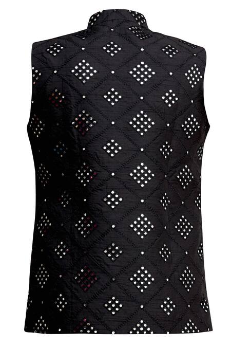 Shop_Aham-Vayam_Black Cotton Silk Mirrorwork Embellished Bundi _Online_at_Aza_Fashions
