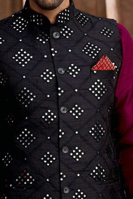 Aham-Vayam_Black Cotton Silk Mirrorwork Embellished Bundi _at_Aza_Fashions