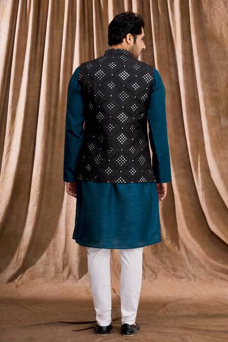 Shop_Aham-Vayam_Black Silk Mirrorwork Work Bundi And Kurta Set _at_Aza_Fashions