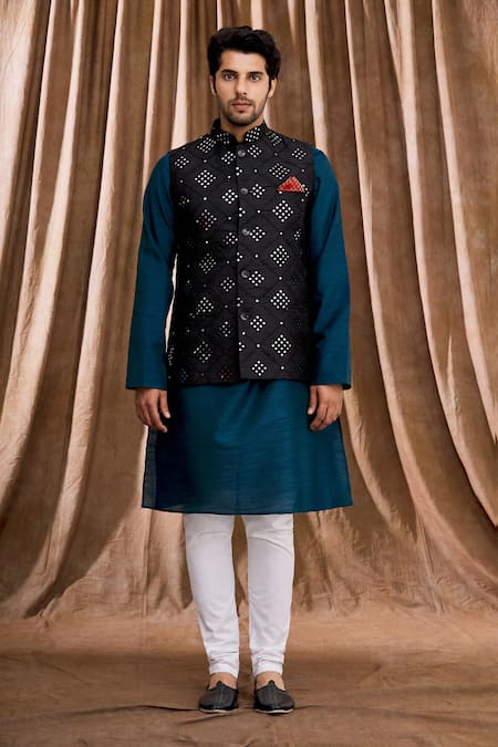 Buy_Aham-Vayam_Black Silk Mirrorwork Work Bundi And Kurta Set _Online_at_Aza_Fashions